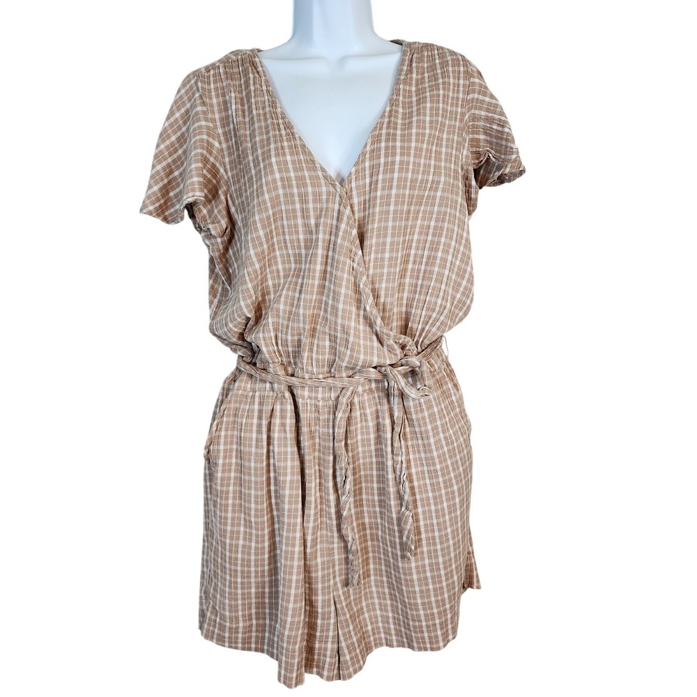JESSICA SIMPSON Size‎ 2X Cotton Crinkle Tan Plaid Flutter Sleeve Belted Romper